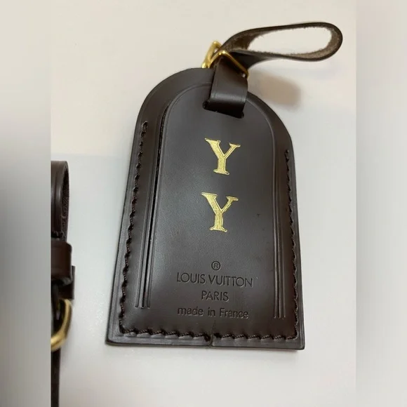 Louis Vuitton Brown Leather Bag Tag Set Monogram YY Luxury Travel Authentic - Picture 3 of 10